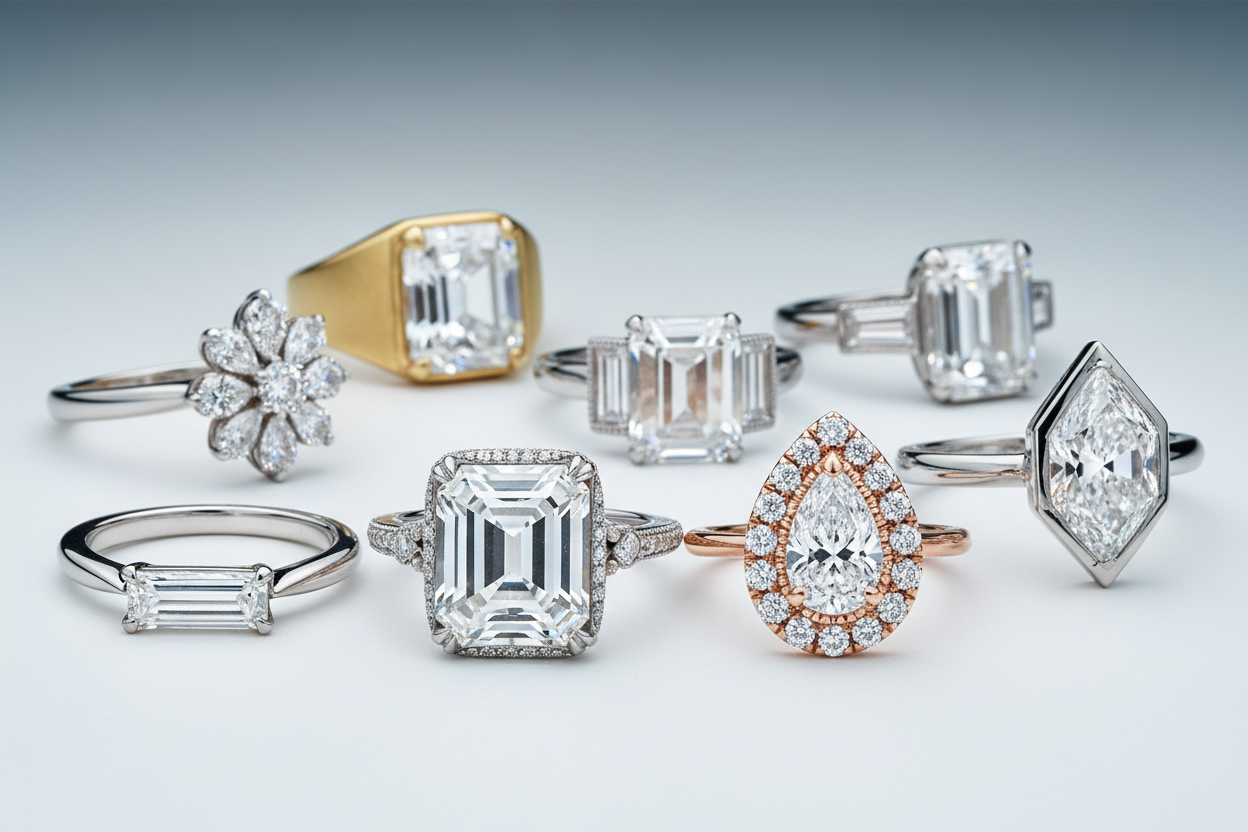 an image of a collection of customized ring with rare cut diamonds and setting