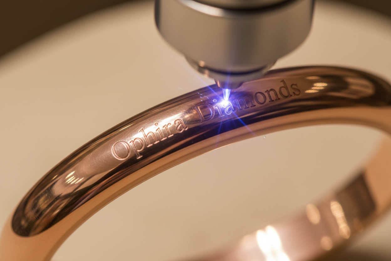 an image of laser engraving "Ophira Diamonds" on a 18K Rose Gold Bangle